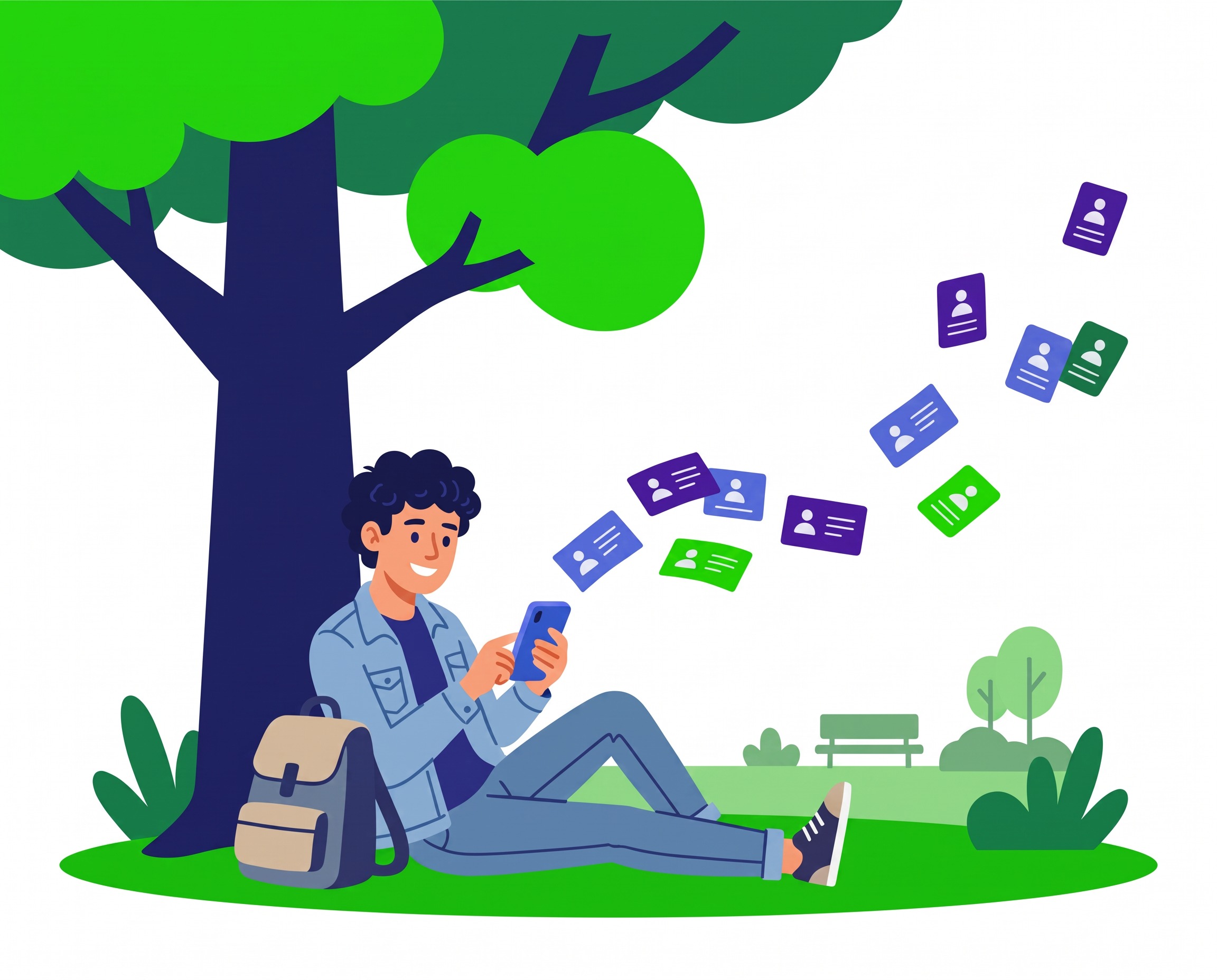 Ilustração de um jovem no parque recebendo contatos digitais pelo youme!, sem cartões de papel